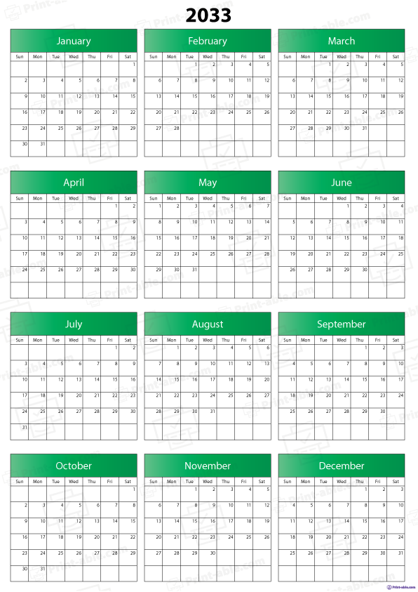 2033 Calendar Printable Free Download