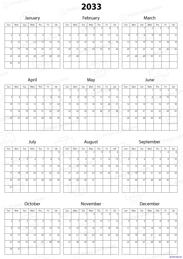 2033 Calendar Printable Free Download