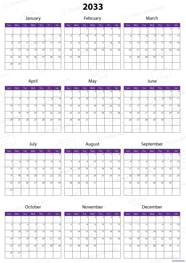 2033 Calendar Printable Free Download