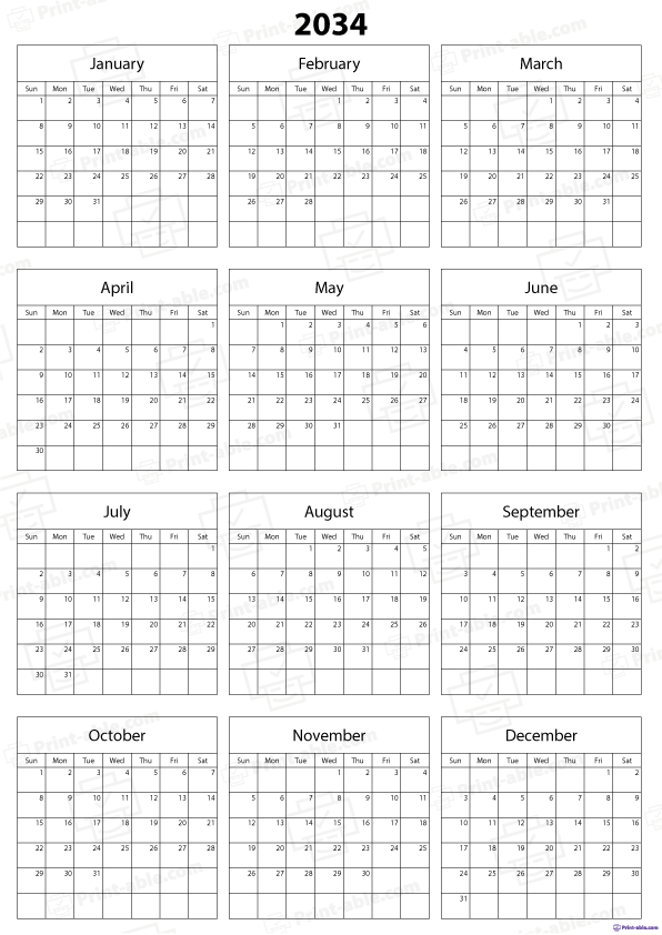 2034 Calendar Printable Free Download