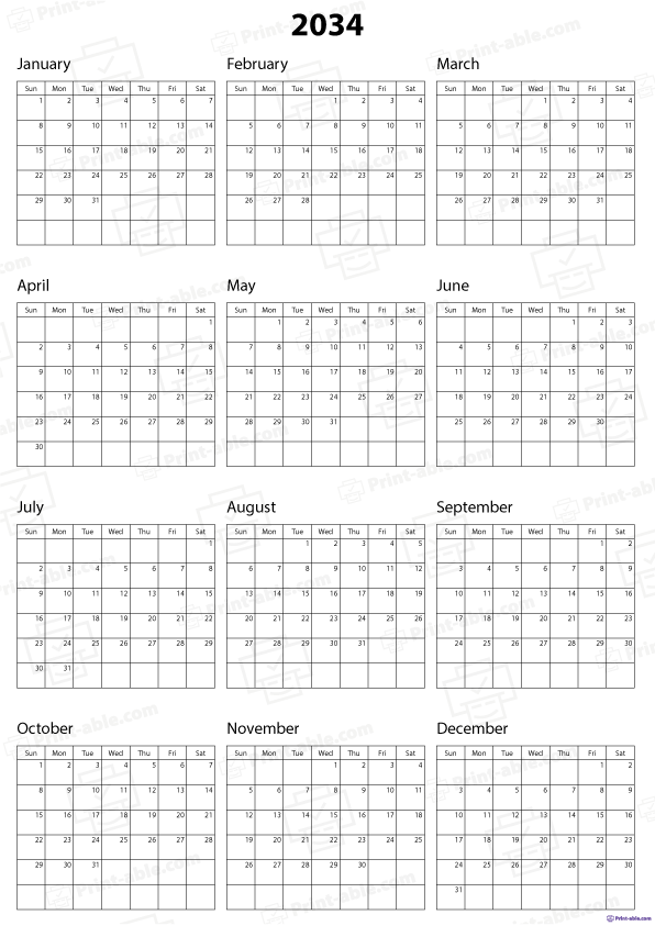 2034 Calendar Printable Free Download