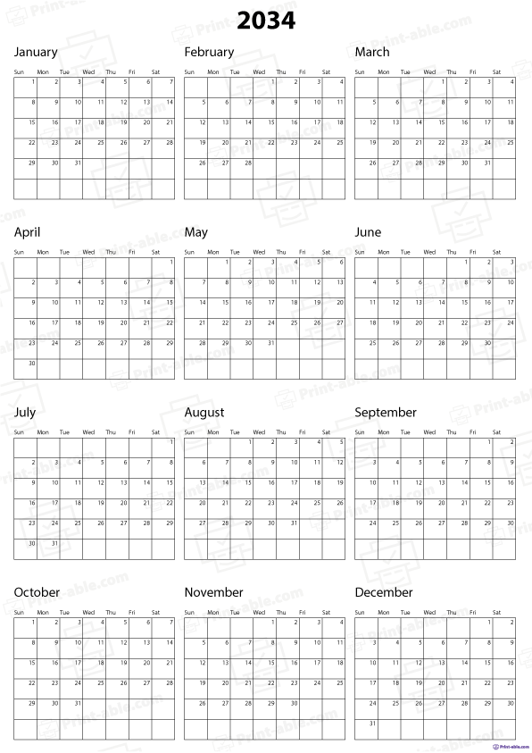2034 Calendar Printable Free Download