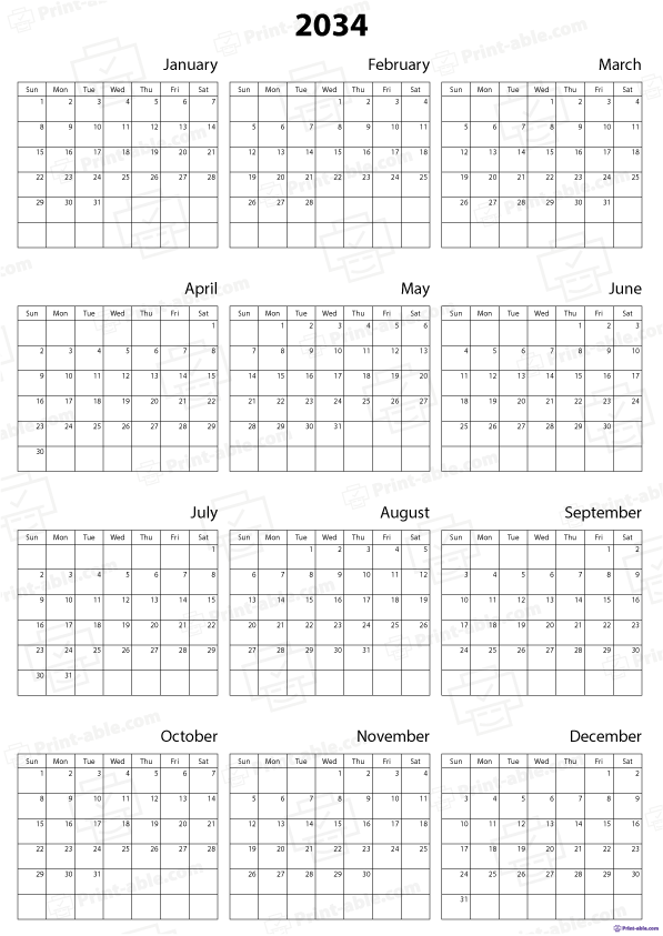 2034 Calendar Printable Free Download