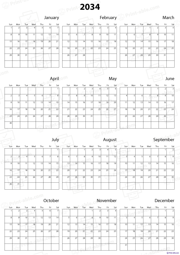 2034 Calendar Printable Free Download