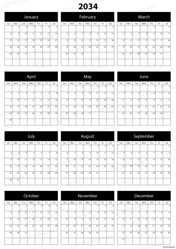 2034 Calendar Printable Free Download