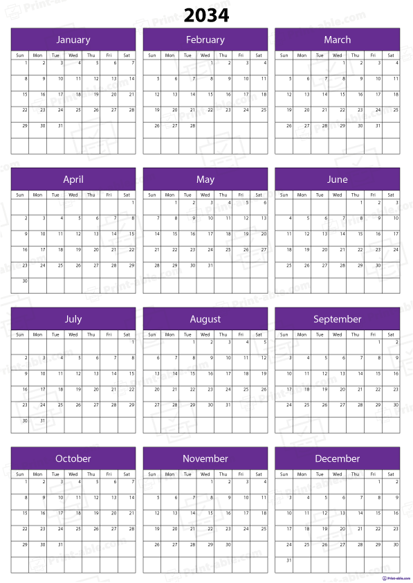 2034 Calendar Printable Free Download