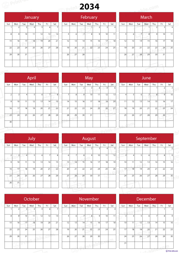 2034 Calendar Printable Free Download