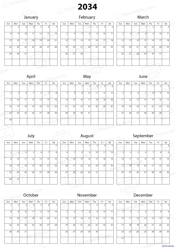 2034 Calendar Printable Free Download