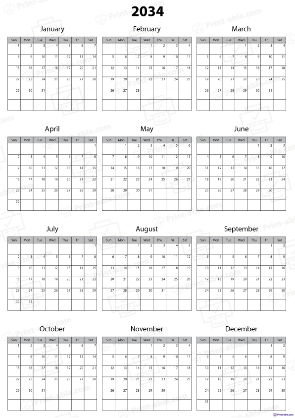 2034 Calendar Printable Free Download