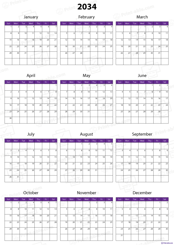 2034 Calendar Printable Free Download