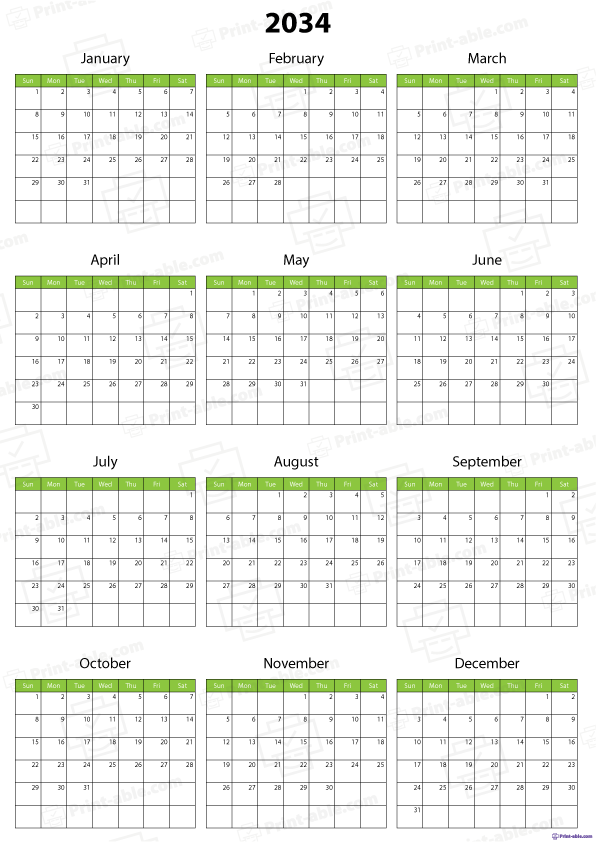 2034 Calendar Printable Free Download