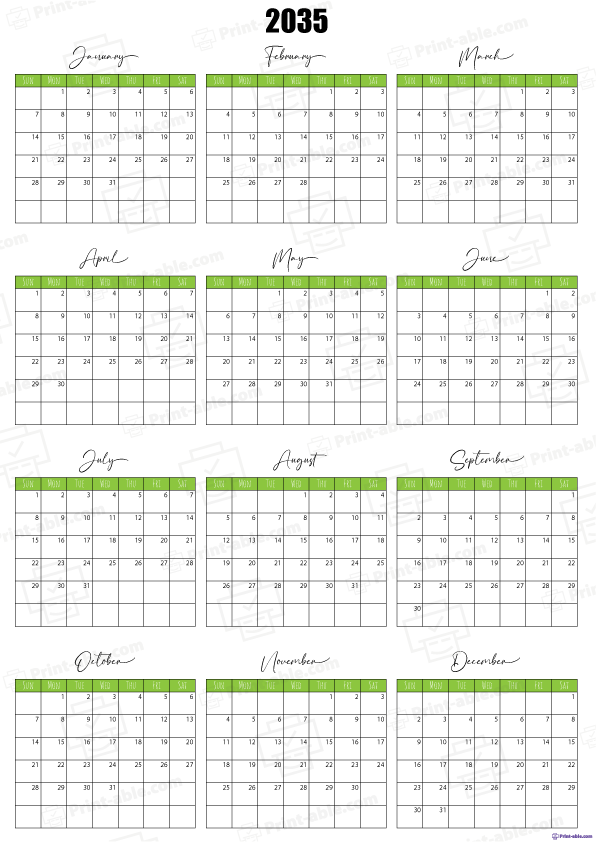 2035 Calendar Printable Free Download