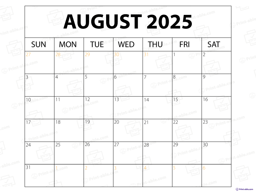 August 2025 Calendar Printable