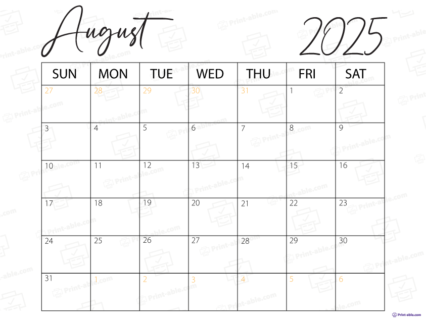 August 2025 Calendar Printable