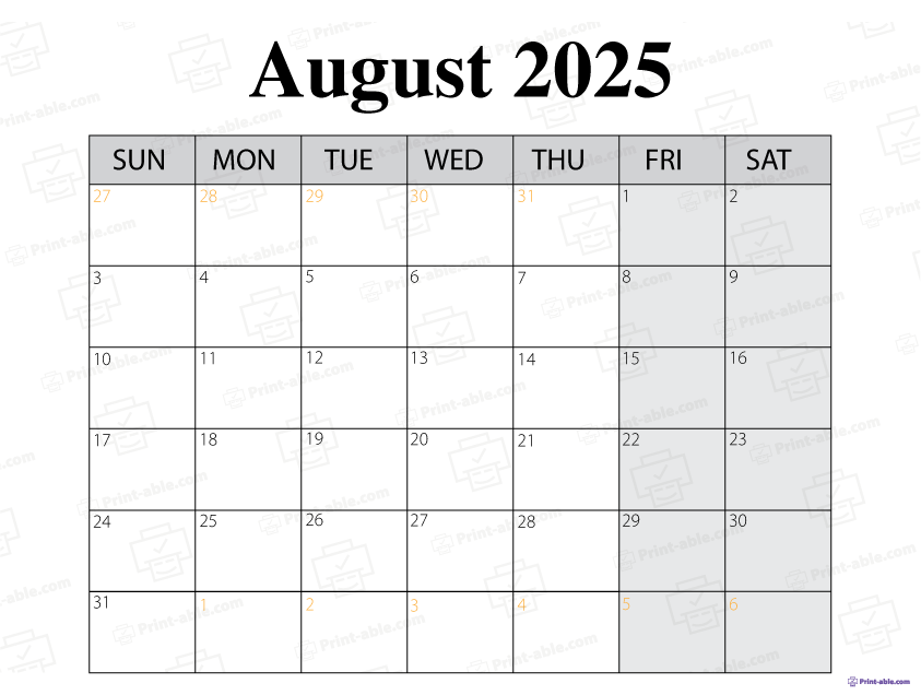 August 2025 Calendar Printable