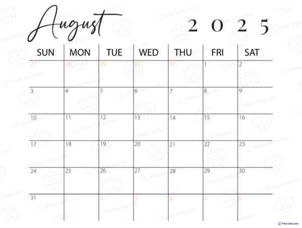 August 2025 Calendar Printable