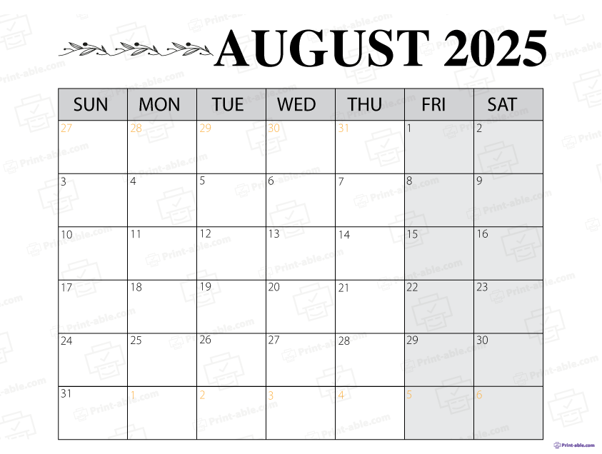 August 2025 Calendar Printable