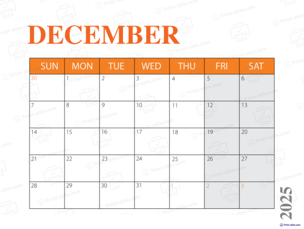 December 2025 Calendar Printable