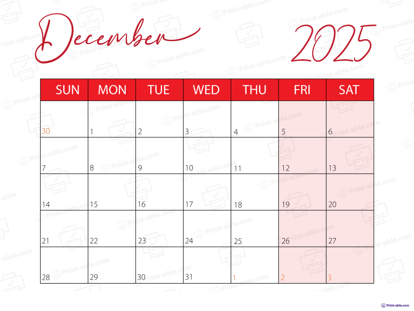 December 2025 Calendar Printable