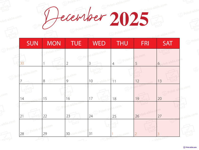 December 2025 Calendar Printable