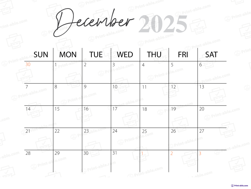 December 2025 Calendar Printable