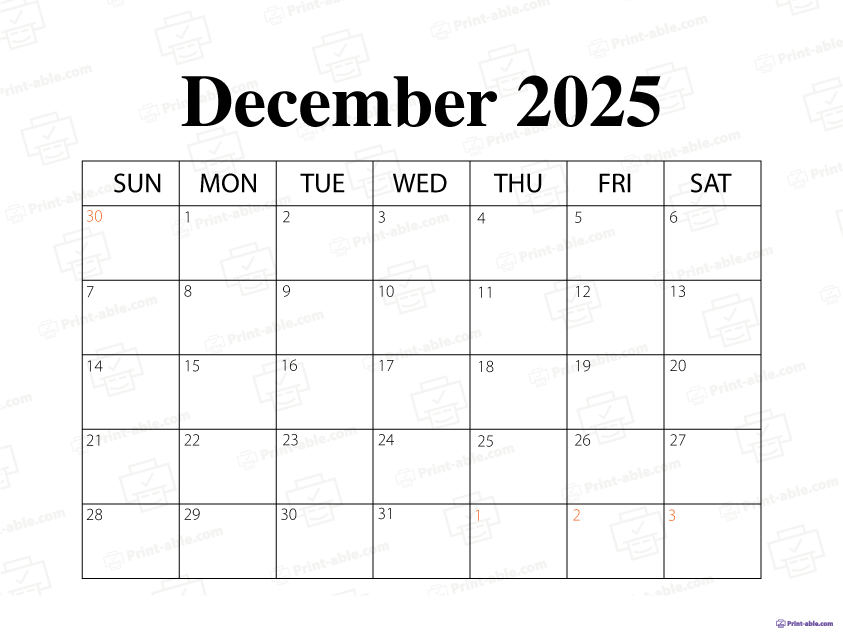 December 2025 Calendar Printable