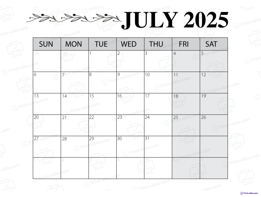 July 2025 Calendar Printable