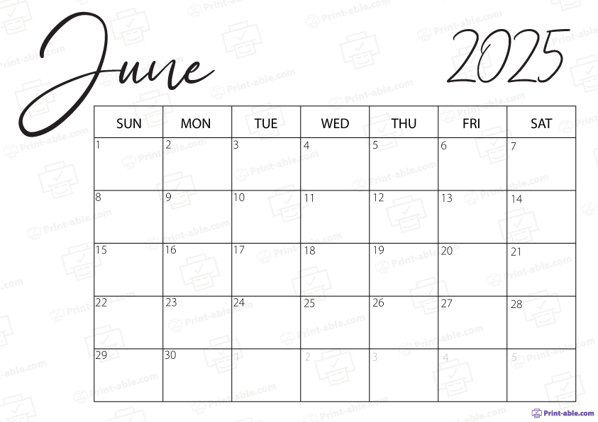 June 2025 Calendar Printable Free Download