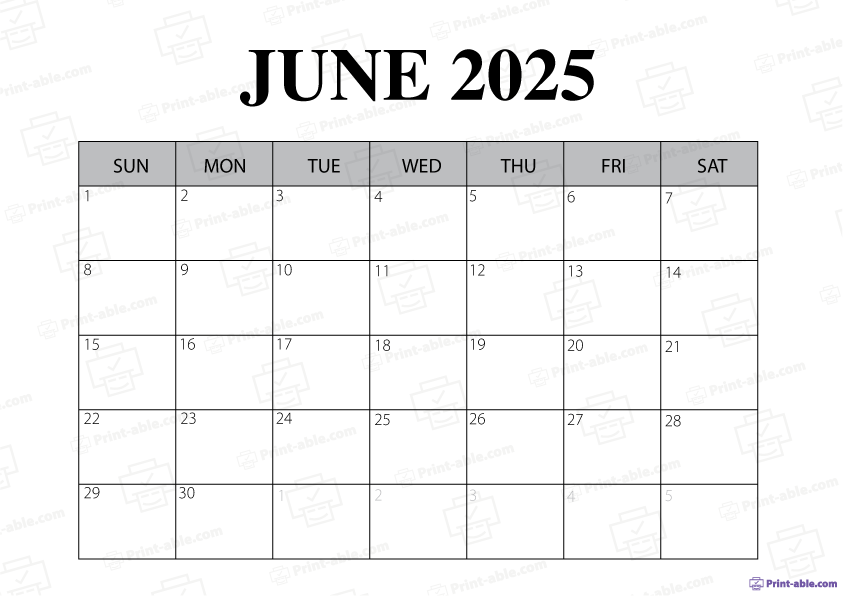 June 2025 Calendar Printable Free Download