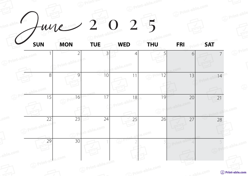 June 2025 Calendar Printable Free Download