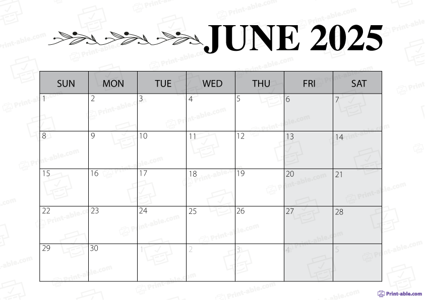 June 2025 Calendar Printable Free Download