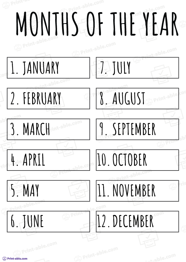 Months of The Year Printable
