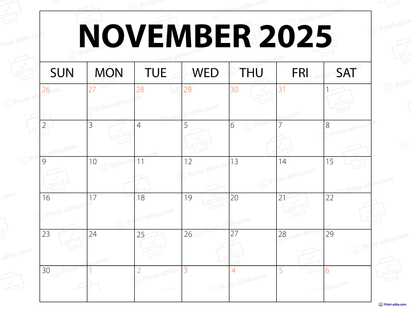 November 2025 Calendar Printable