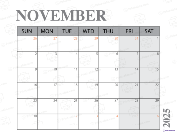 November 2025 Calendar Printable