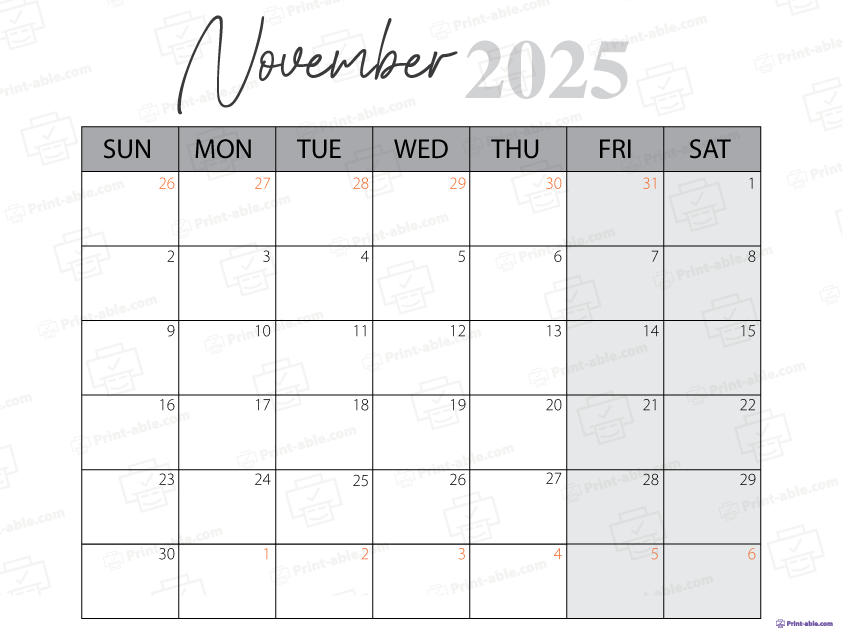 November 2025 Calendar Printable