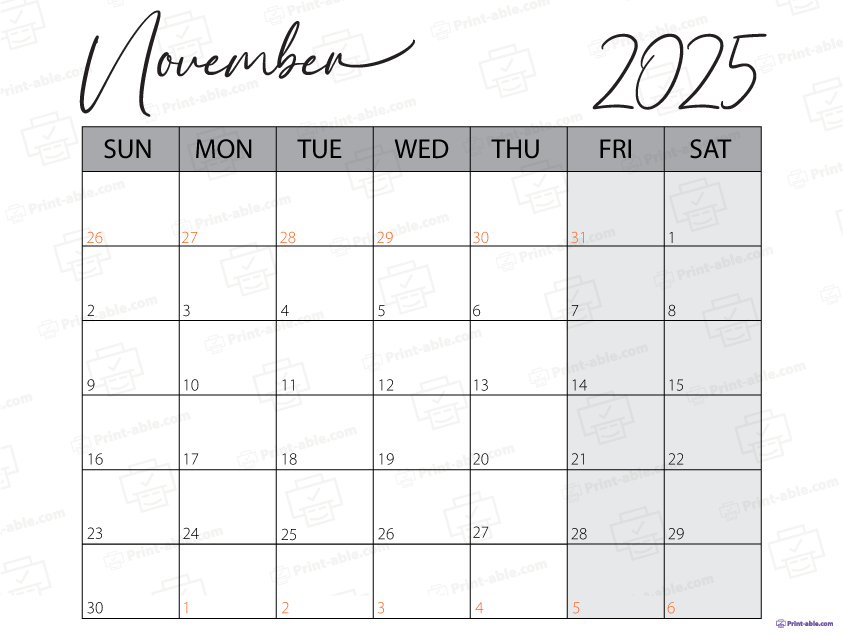 November 2025 Calendar Printable