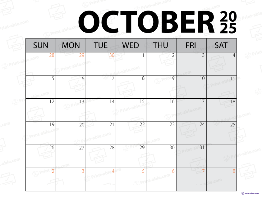October 2025 Calendar Printable