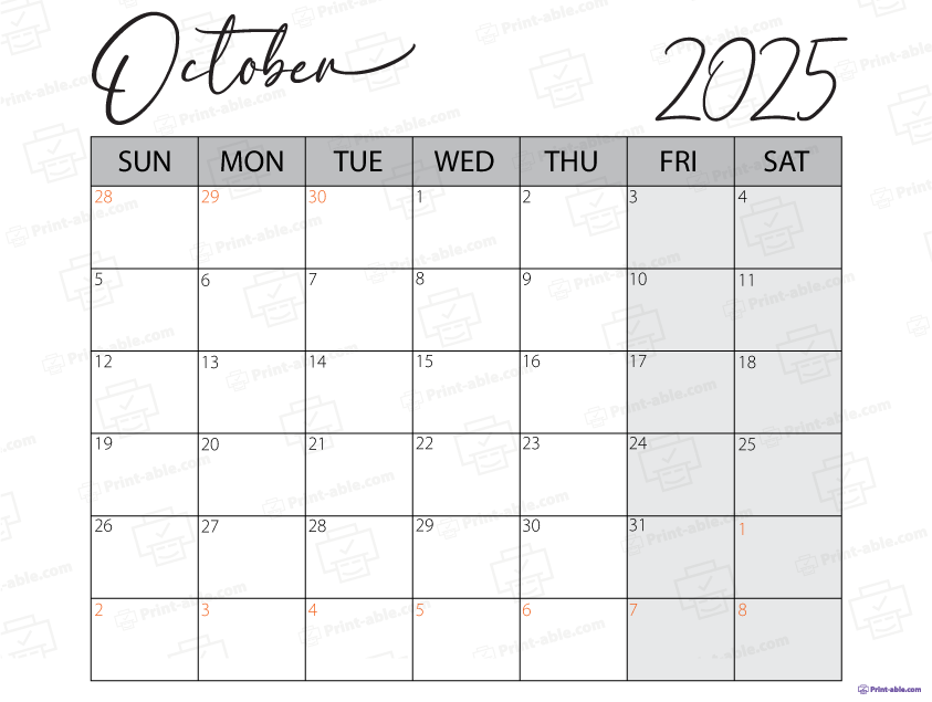 October 2025 Calendar Printable