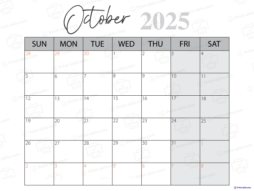 October 2025 Calendar Printable