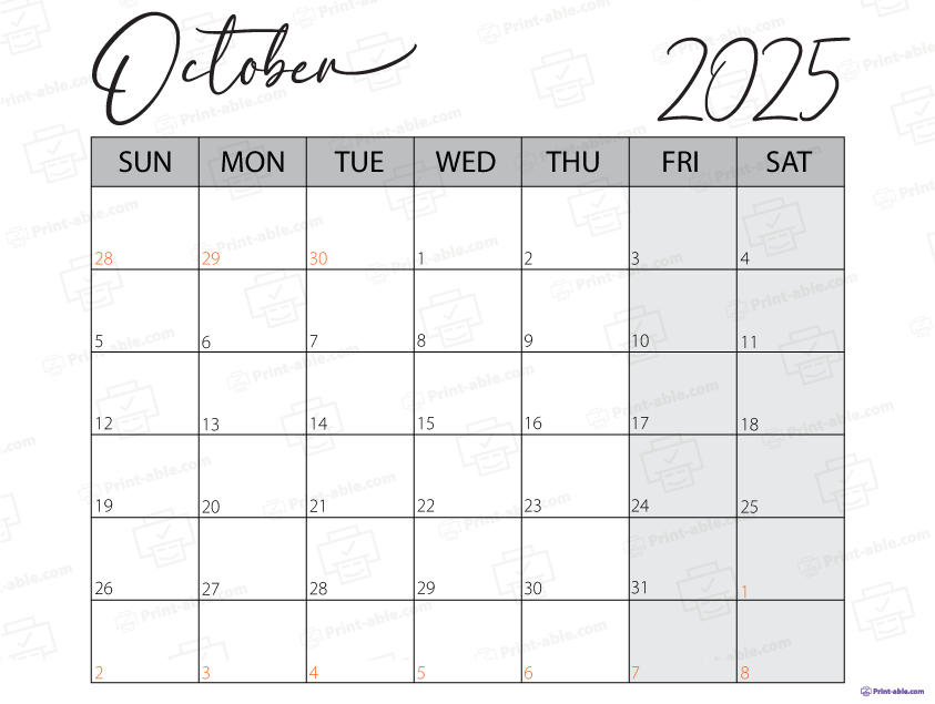 October 2025 Calendar Printable