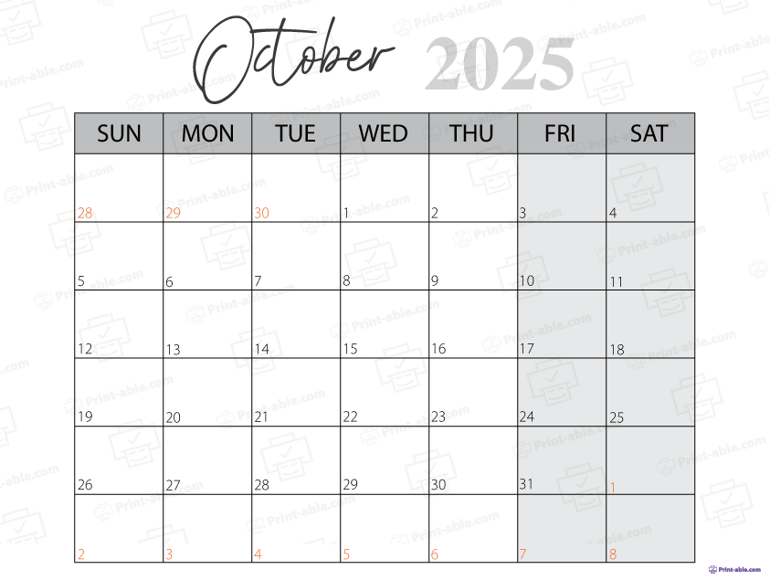 October 2025 Calendar Printable