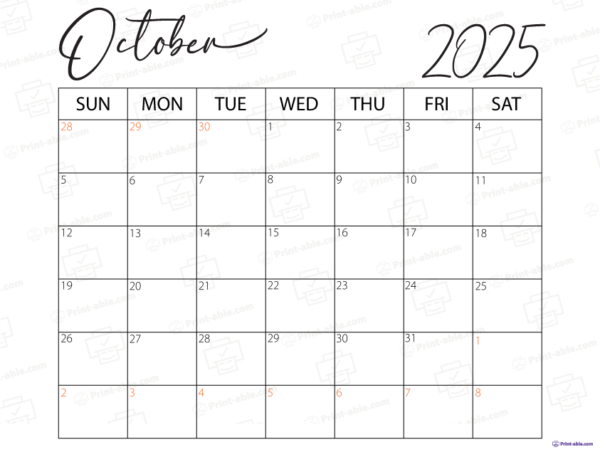 October 2025 Calendar Printable
