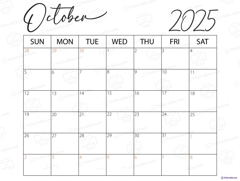 October 2025 Calendar Printable