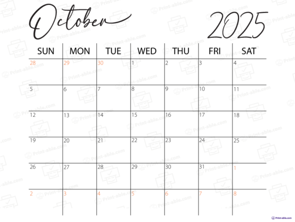 October 2025 Calendar Printable