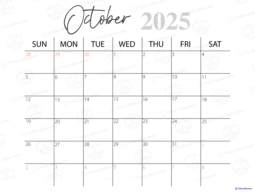 October 2025 Calendar Printable