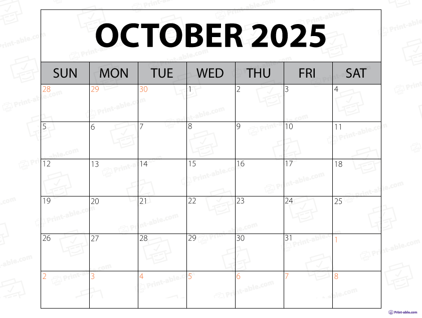October 2025 Calendar Printable