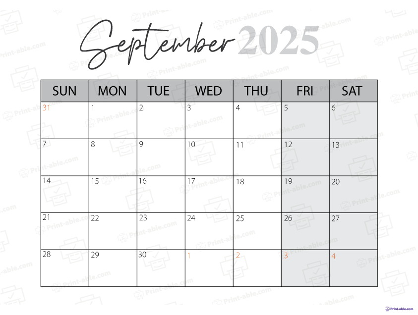 September 2025 Calendar Printable Free Download