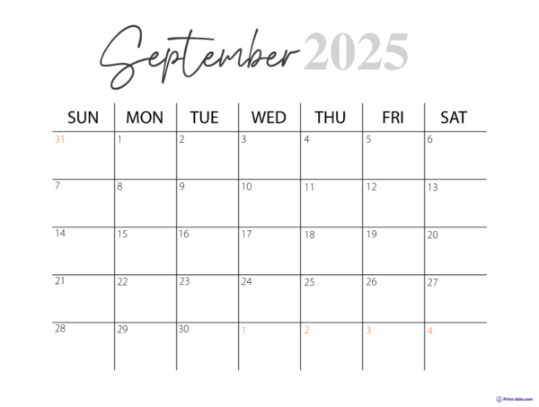September 2025 Calendar Printable