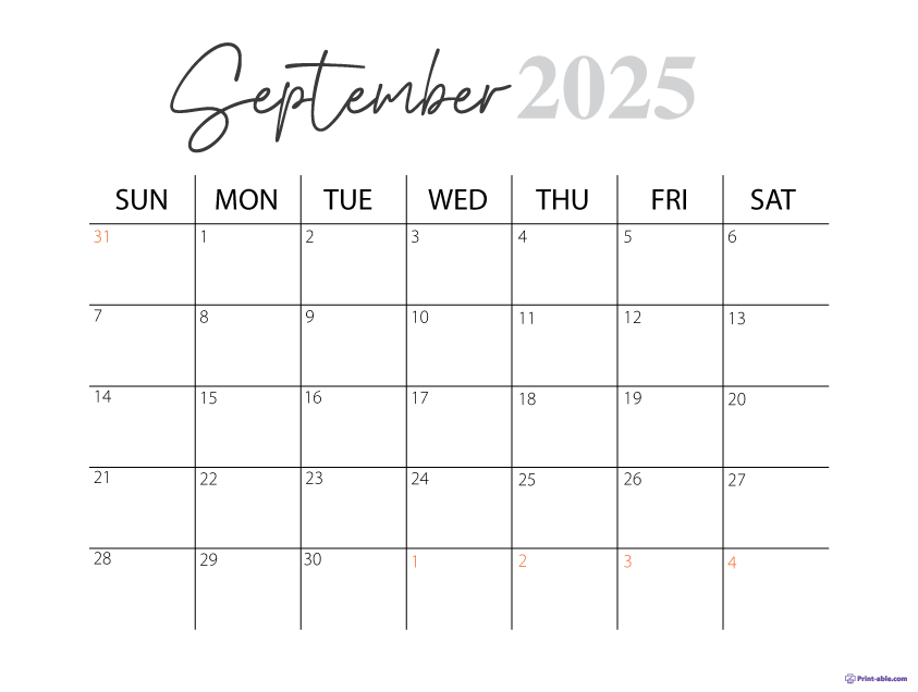 September 2025 Calendar Printable Free Download