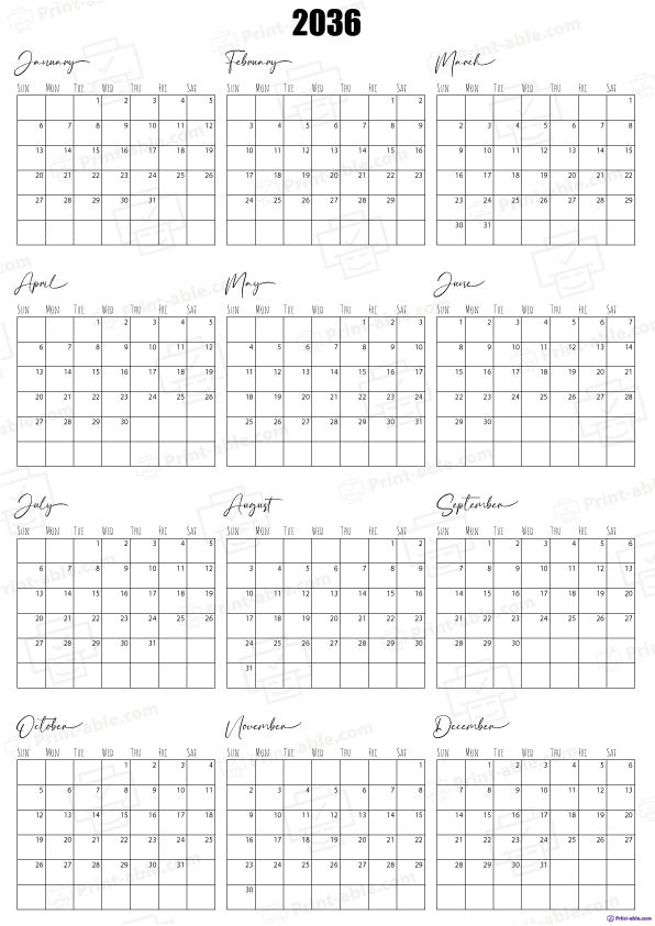 2036 Calendar printable free download